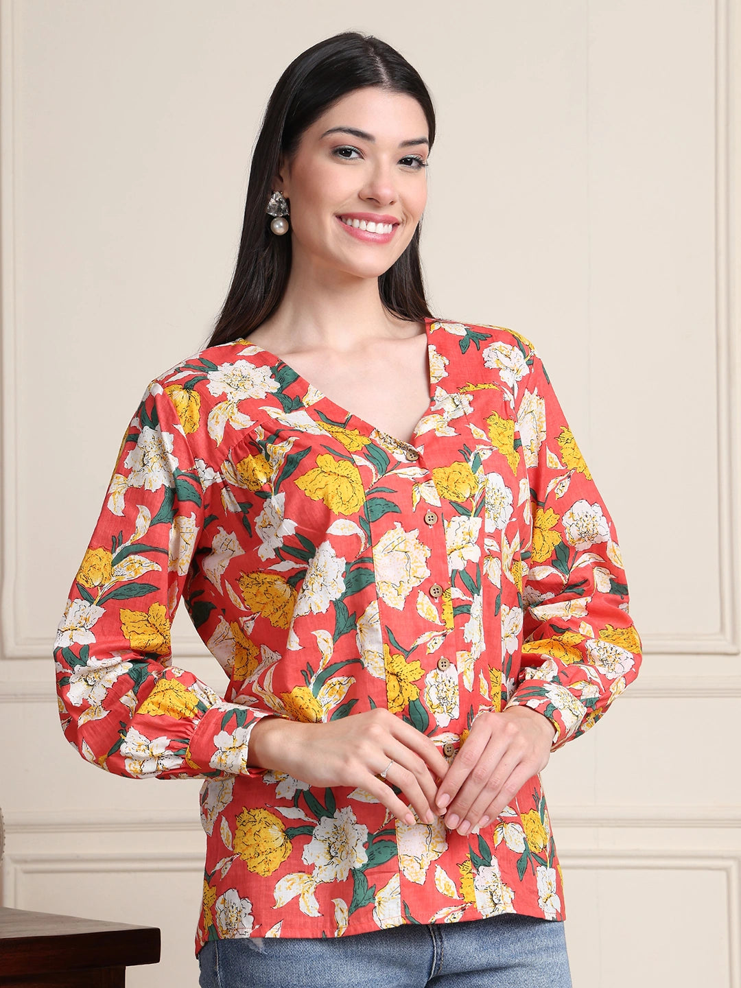 Coral Red Floral V-Neck Shirt Style Pure Cotton Top