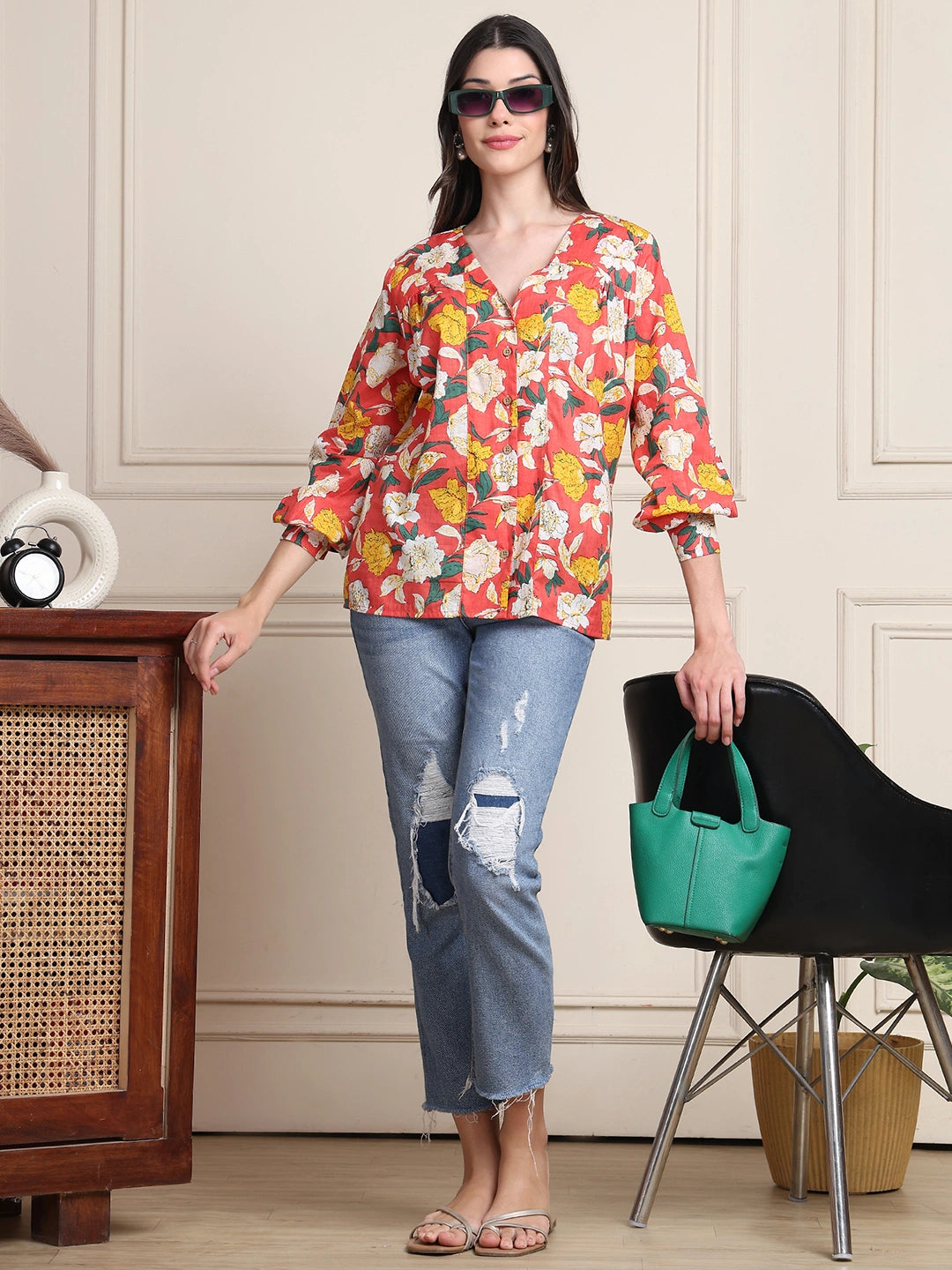 Coral Red Floral V-Neck Shirt Style Pure Cotton Top