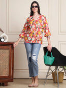 Coral Red Floral V-Neck Shirt Style Pure Cotton Top