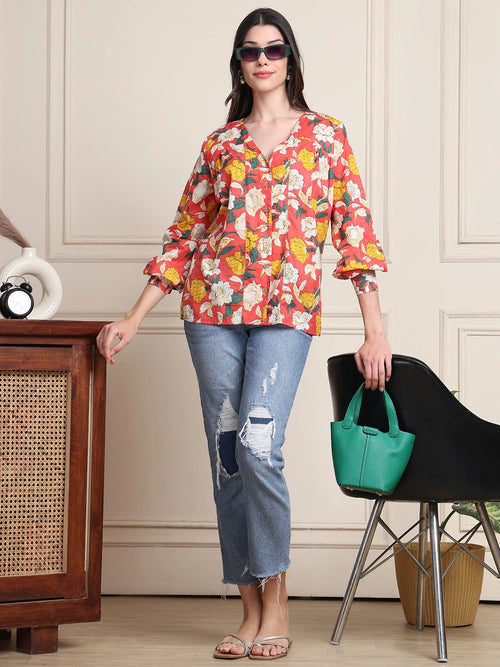 Coral Red Floral V-Neck Shirt Style Pure Cotton Top