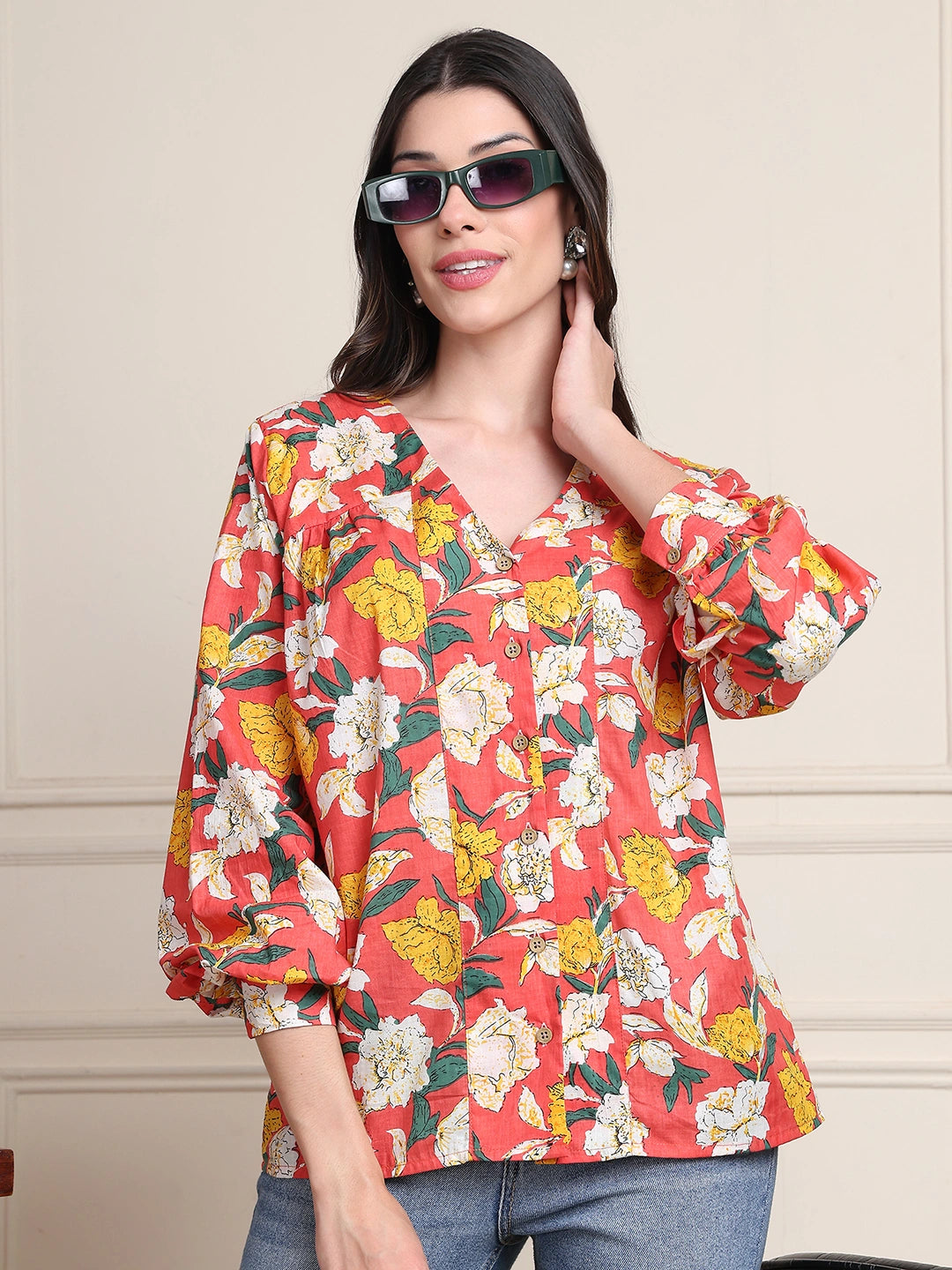 Coral Red Floral V-Neck Shirt Style Pure Cotton Top
