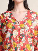Coral Red Floral V-Neck Shirt Style Pure Cotton Top