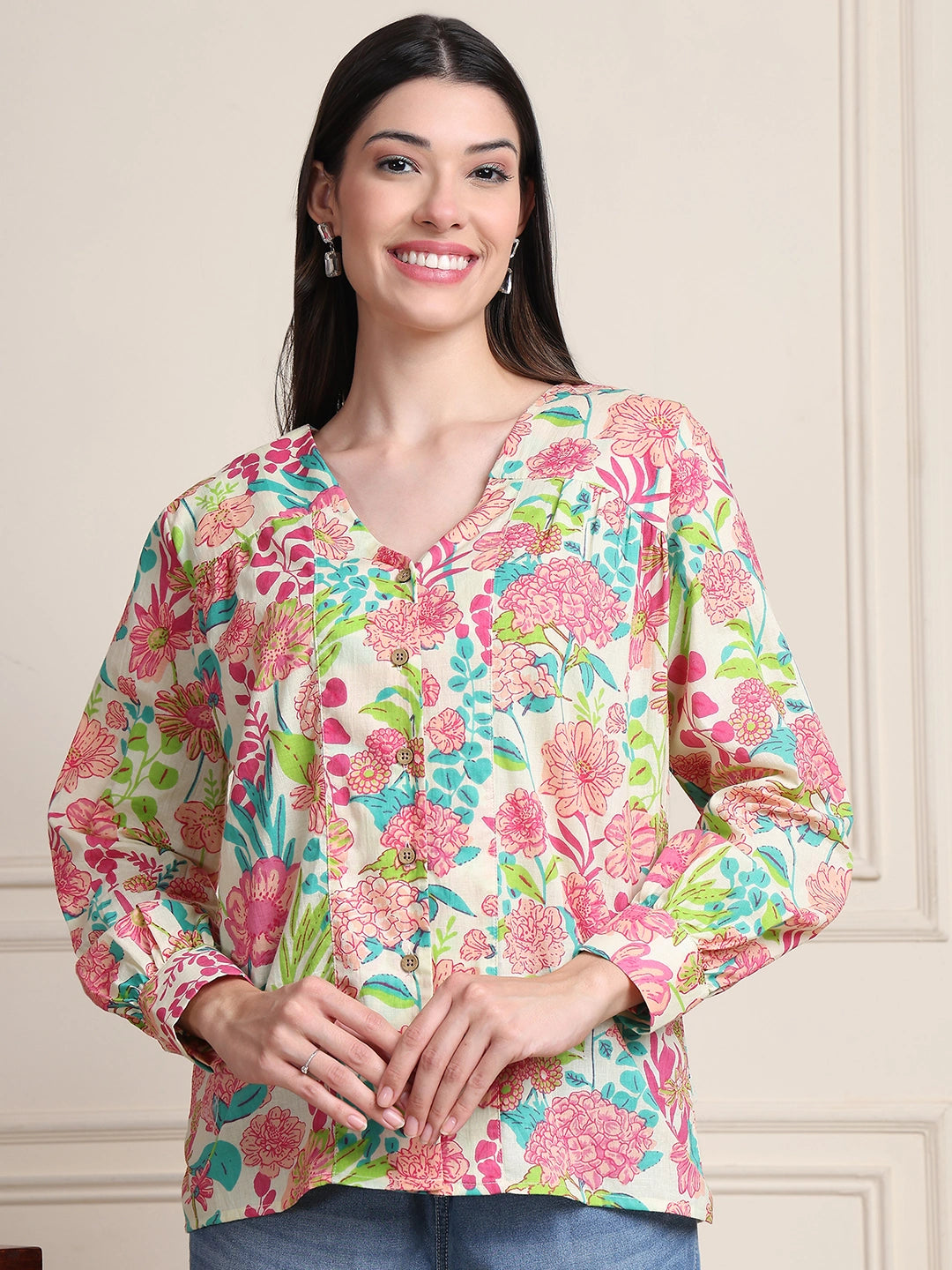 Multicolored Floral V-Neck Shirt Style Pure Cotton Top