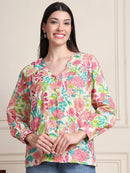 Multicolored Floral V-Neck Shirt Style Pure Cotton Top