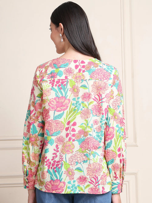 Multicolored Floral V-Neck Shirt Style Pure Cotton Top