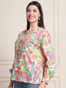 Multicolored Floral V-Neck Shirt Style Pure Cotton Top
