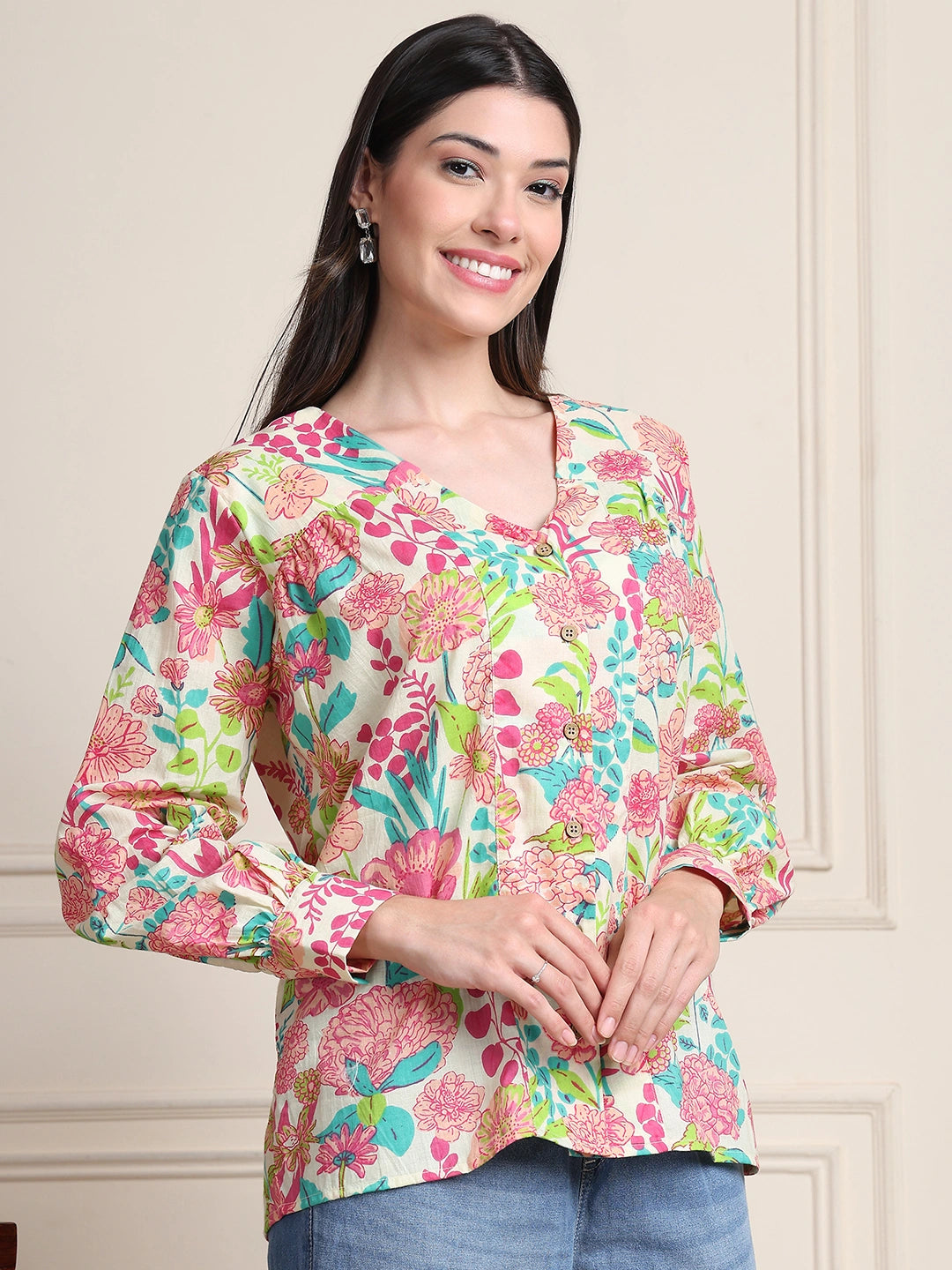 Multicolored Floral V-Neck Shirt Style Pure Cotton Top