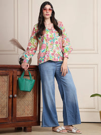 Multicolored Floral V-Neck Shirt Style Pure Cotton Top