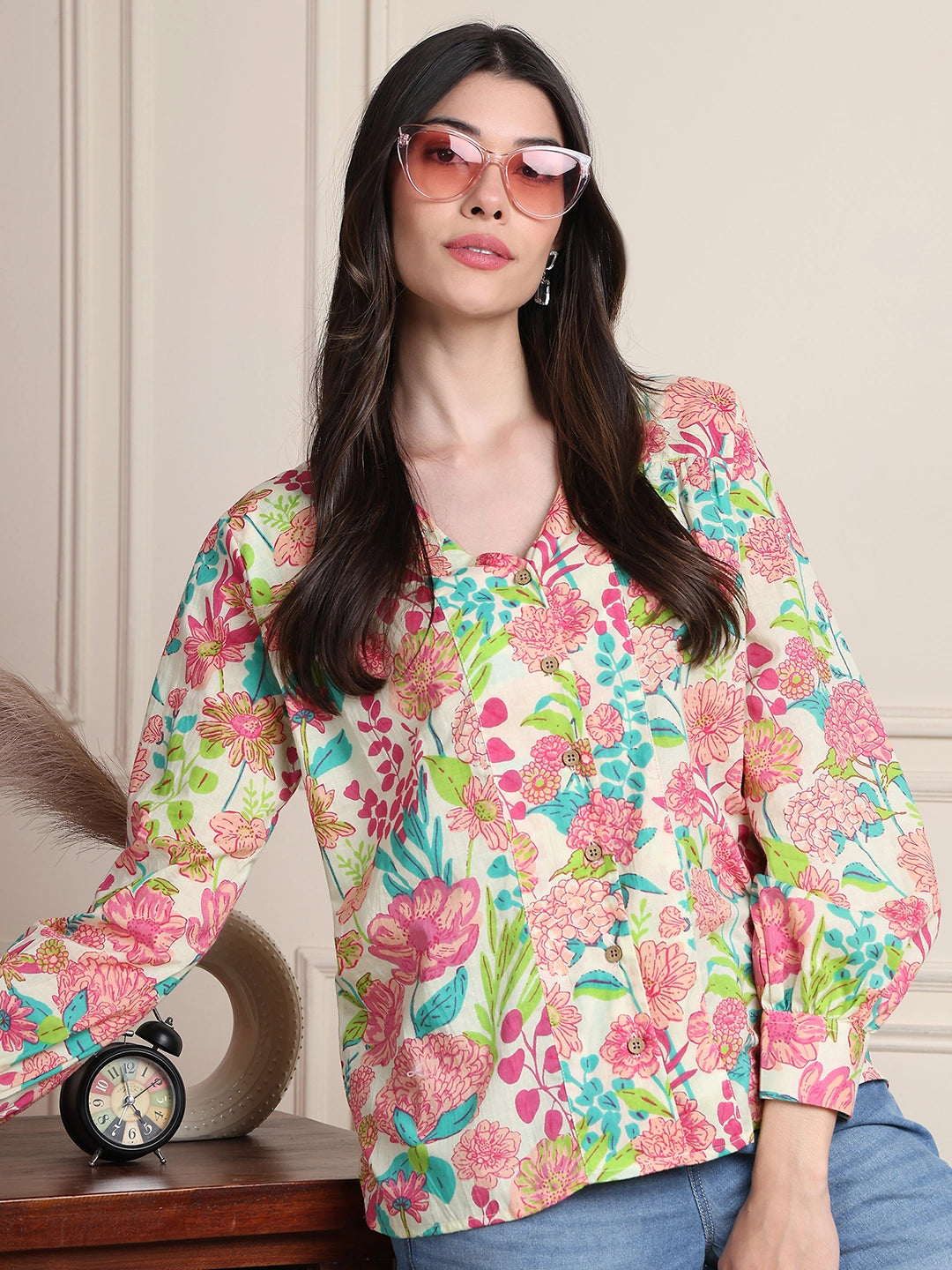 Multicolored Floral V-Neck Shirt Style Pure Cotton Top
