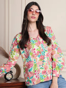 Multicolored Floral V-Neck Shirt Style Pure Cotton Top
