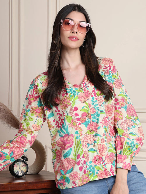 Multicolored Floral V-Neck Shirt Style Pure Cotton Top
