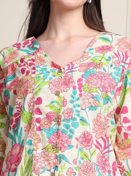 Multicolored Floral V-Neck Shirt Style Pure Cotton Top