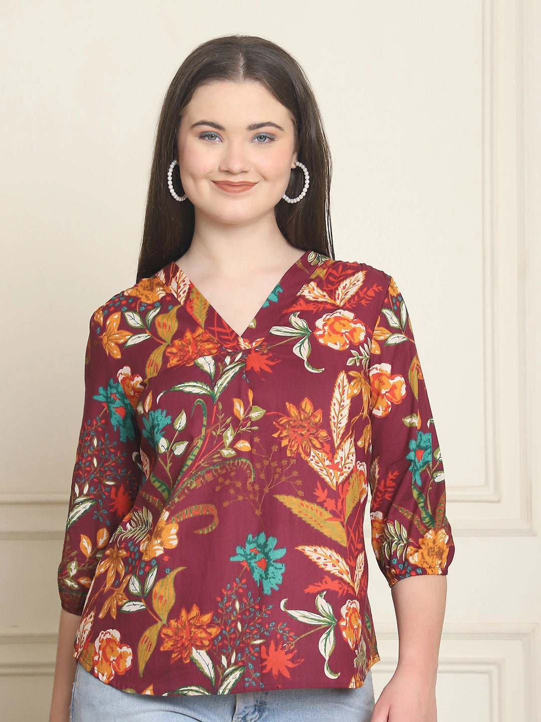 Maroon Floral Print Pure Cotton Top