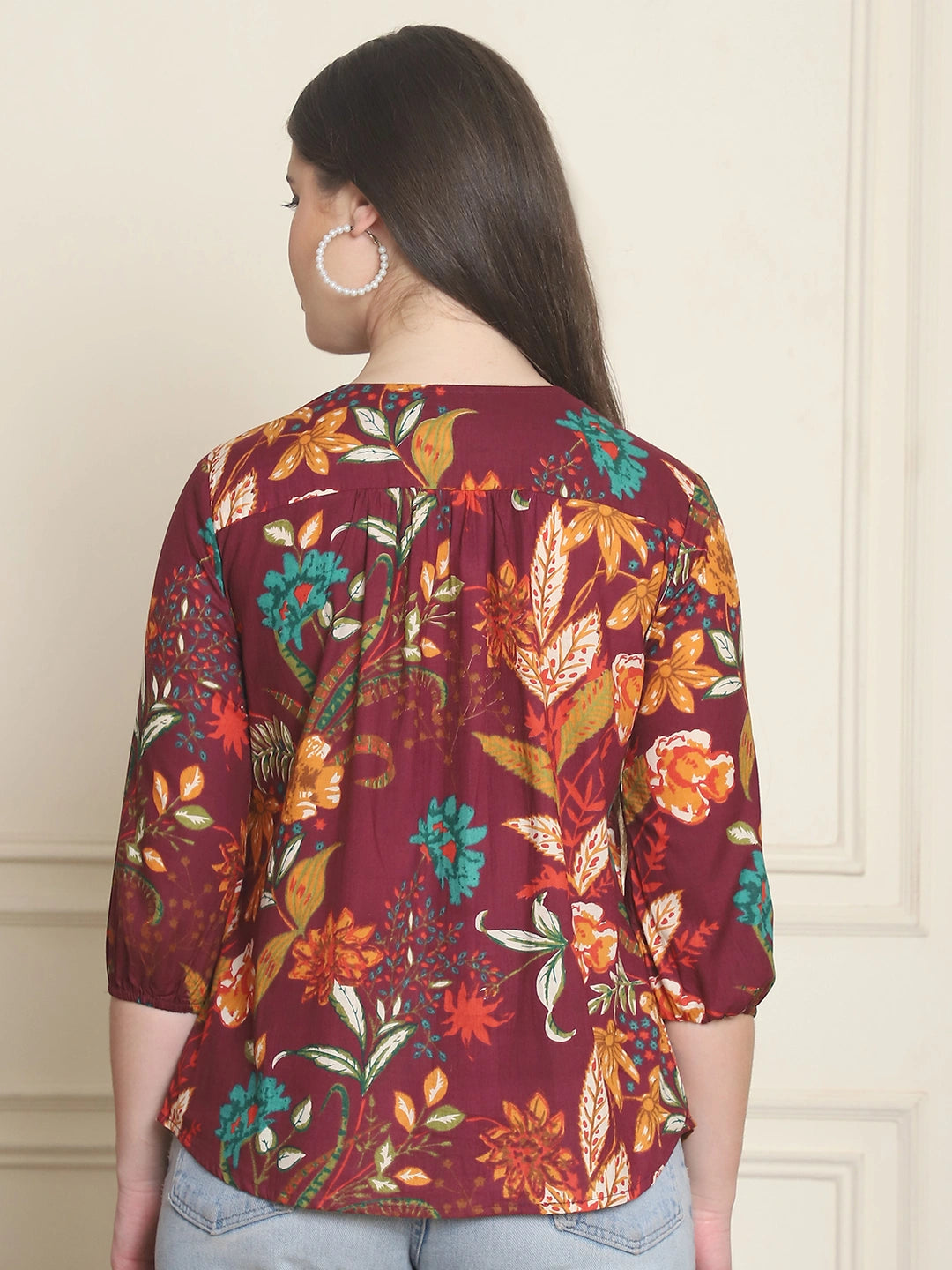 Maroon Floral Print Pure Cotton Top