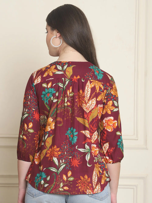 Maroon Floral Print Pure Cotton Top