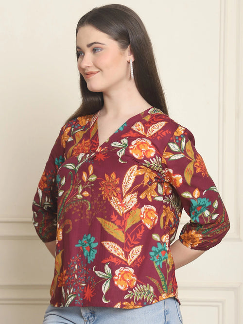 Maroon Floral Print Pure Cotton Top