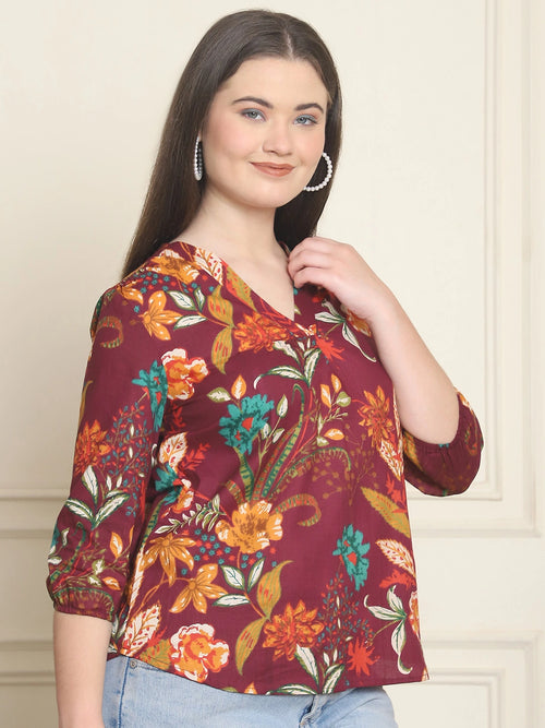 Maroon Floral Print Pure Cotton Top