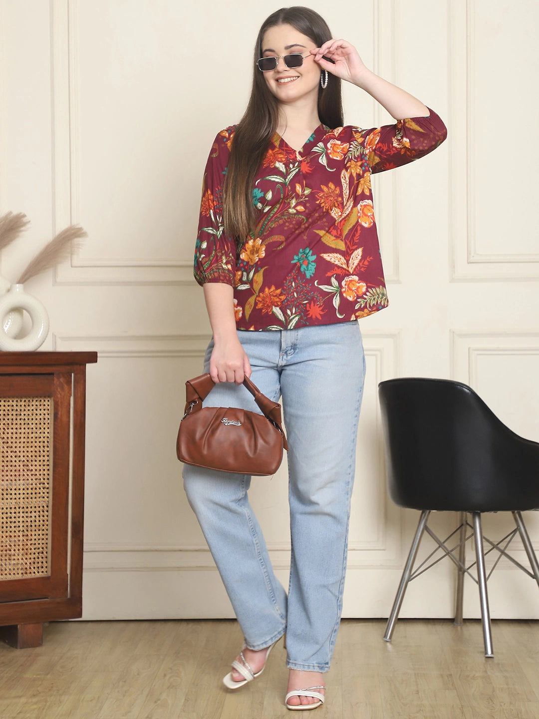 Maroon Floral Print Pure Cotton Top