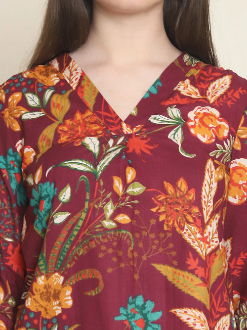 Maroon Floral Print Pure Cotton Top
