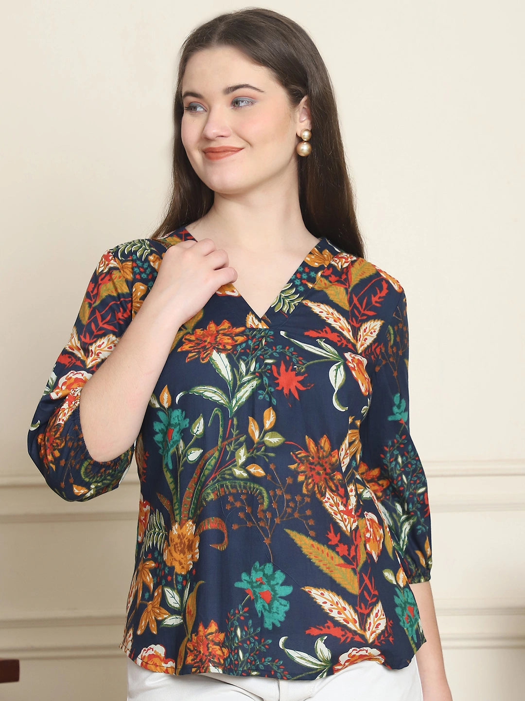 Navy Blue Floral Print Pure Cotton Top