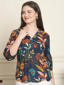 Navy Blue Floral Print Pure Cotton Top