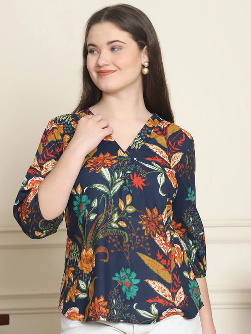 Navy Blue Floral Print Pure Cotton Top
