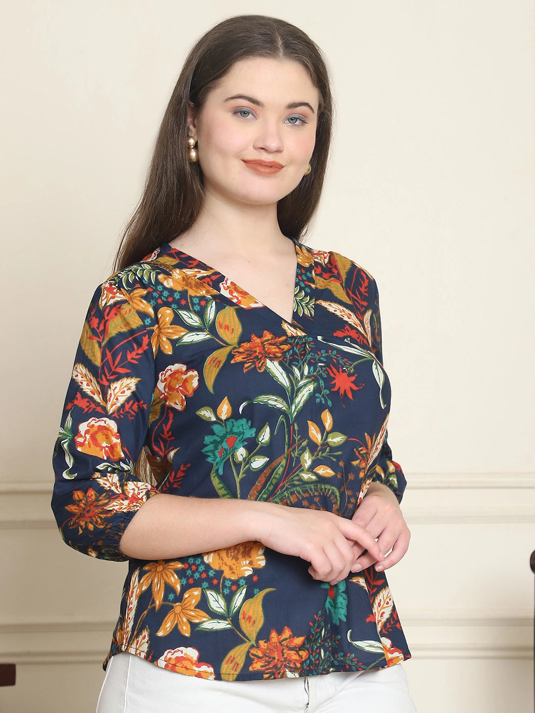 Navy Blue Floral Print Pure Cotton Top