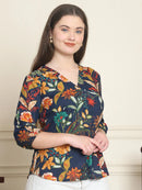 Navy Blue Floral Print Pure Cotton Top