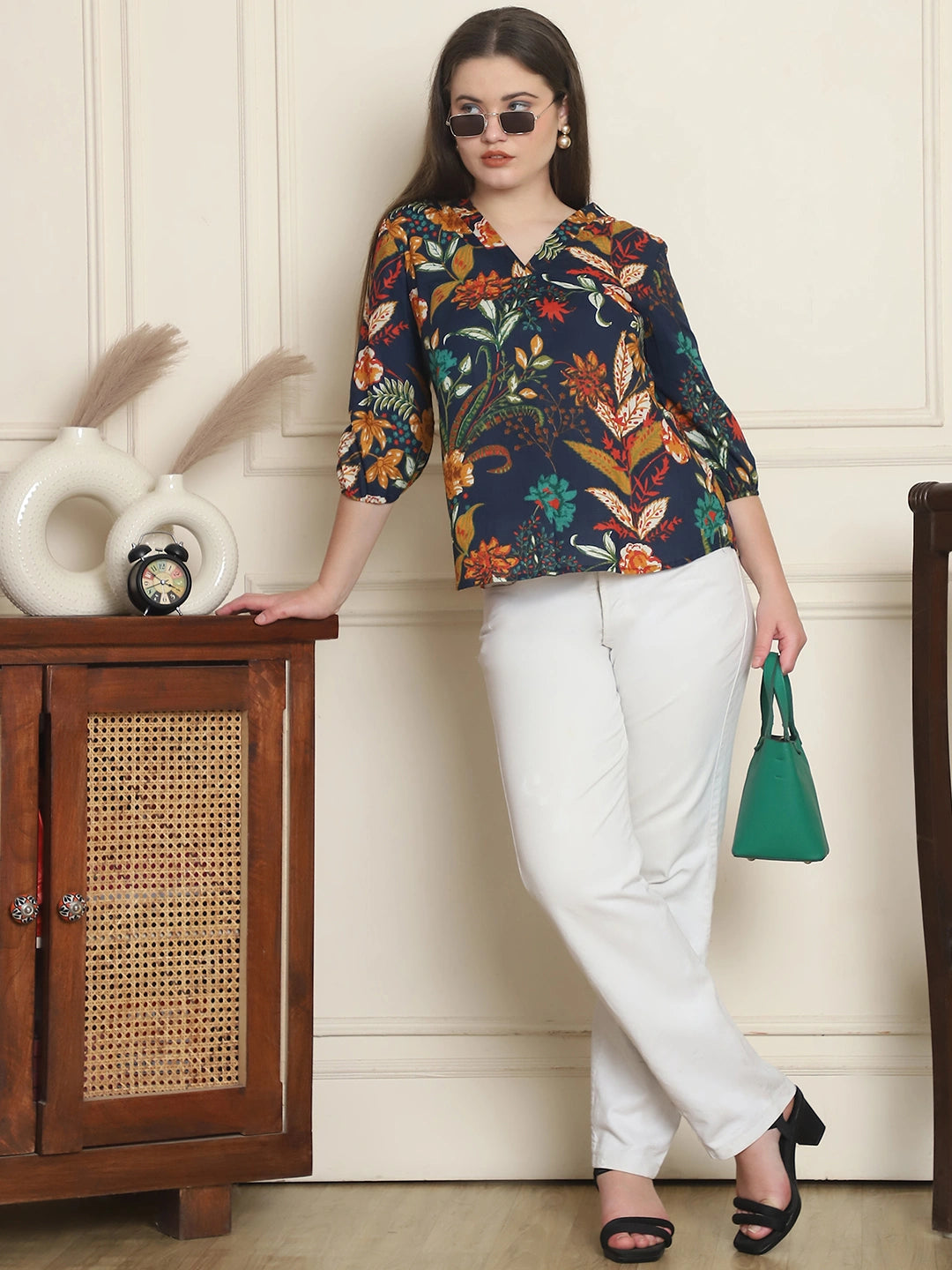 Navy Blue Floral Print Pure Cotton Top