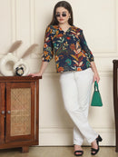 Navy Blue Floral Print Pure Cotton Top