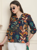 Navy Blue Floral Print Pure Cotton Top