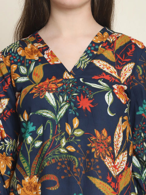 Navy Blue Floral Print Pure Cotton Top