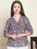 Navy Blue Ethnic Motifs Printed V-Neck Cotton Top