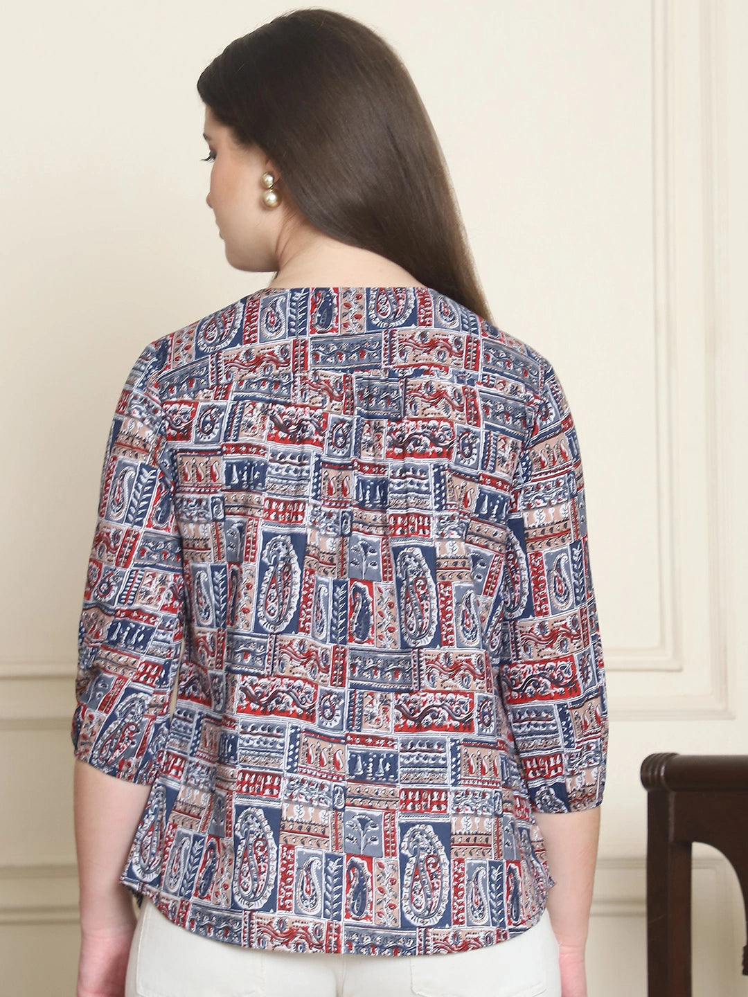 Navy Blue Ethnic Motifs Printed V-Neck Cotton Top