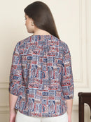 Navy Blue Ethnic Motifs Printed V-Neck Cotton Top