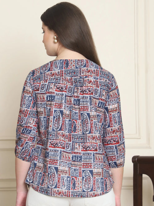 Navy Blue Ethnic Motifs Printed V-Neck Cotton Top
