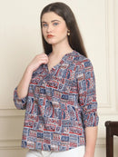 Navy Blue Ethnic Motifs Printed V-Neck Cotton Top