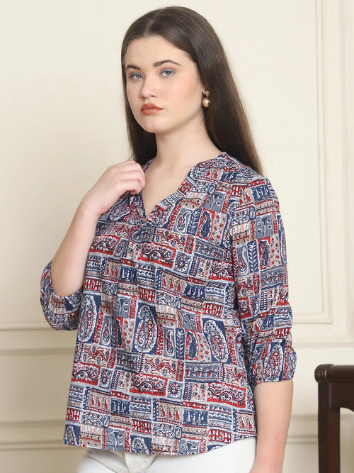 Navy Blue Ethnic Motifs Printed V-Neck Cotton Top