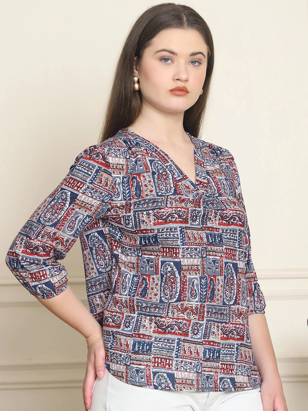 Navy Blue Ethnic Motifs Printed V-Neck Cotton Top