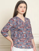 Navy Blue Ethnic Motifs Printed V-Neck Cotton Top