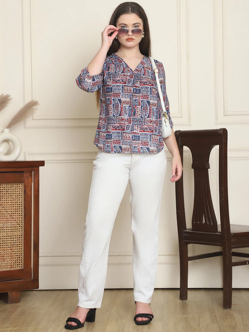 Navy Blue Ethnic Motifs Printed V-Neck Cotton Top