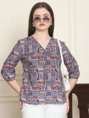 Navy Blue Ethnic Motifs Printed V-Neck Cotton Top