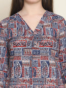 Navy Blue Ethnic Motifs Printed V-Neck Cotton Top
