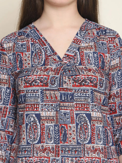 Navy Blue Ethnic Motifs Printed V-Neck Cotton Top