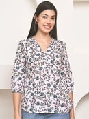 White Floral Printed V-Neck A-Line Pure Cotton Top