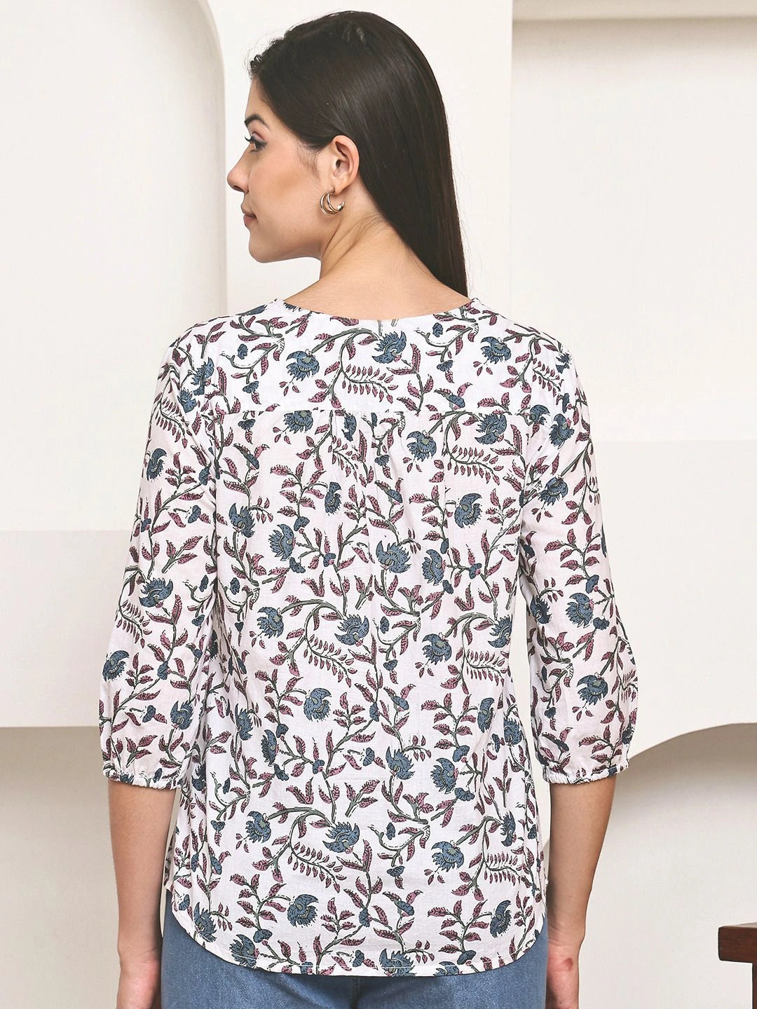 White Floral Printed V-Neck A-Line Pure Cotton Top