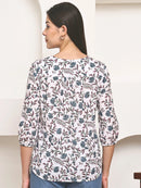 White Floral Printed V-Neck A-Line Pure Cotton Top