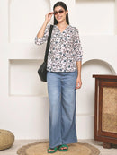 White Floral Printed V-Neck A-Line Pure Cotton Top