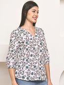White Floral Printed V-Neck A-Line Pure Cotton Top