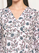 White Floral Printed V-Neck A-Line Pure Cotton Top